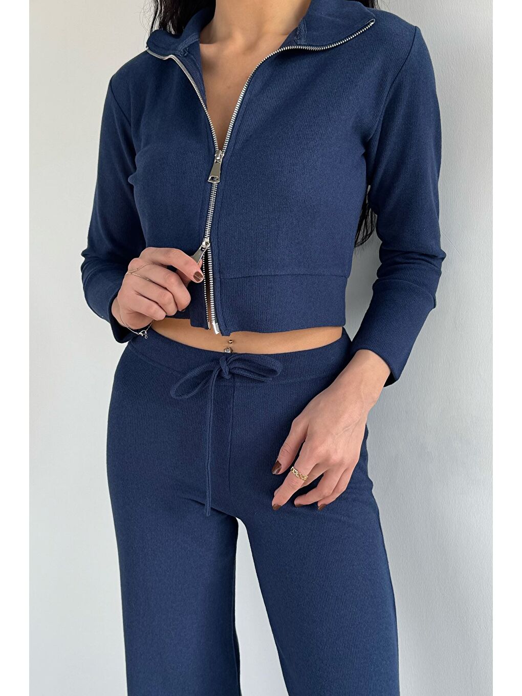 Lacivert Kadın Selanik Kumaş Ön Fermuarlı Sweat Bel Lastikli Pantolon İkili Takım-2