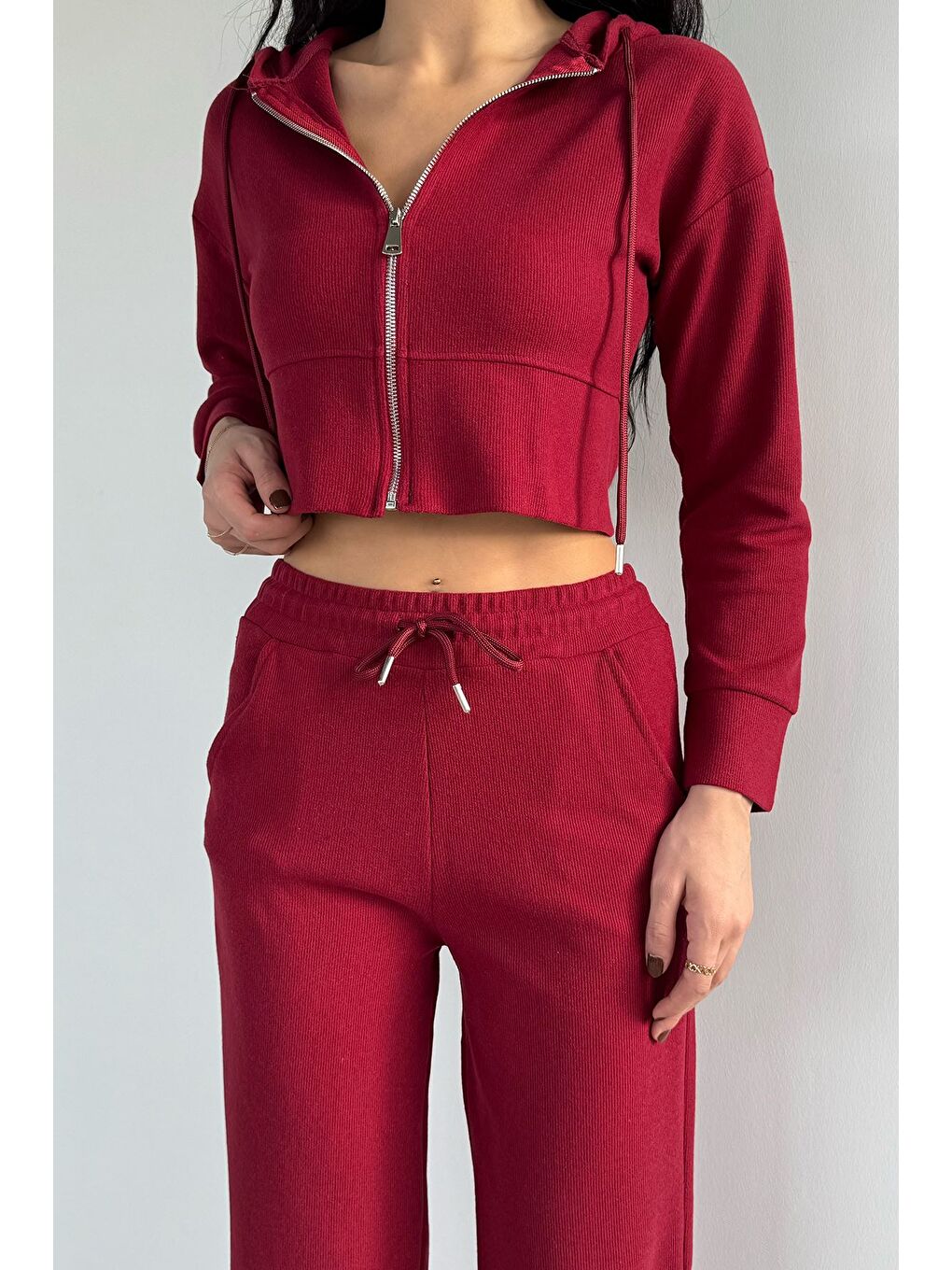 Bordo Kadın Selanik Kumaş Ön Fermuarlı Kapüşonlu Sweat Bel Lastikli Pantolon İkili Takım