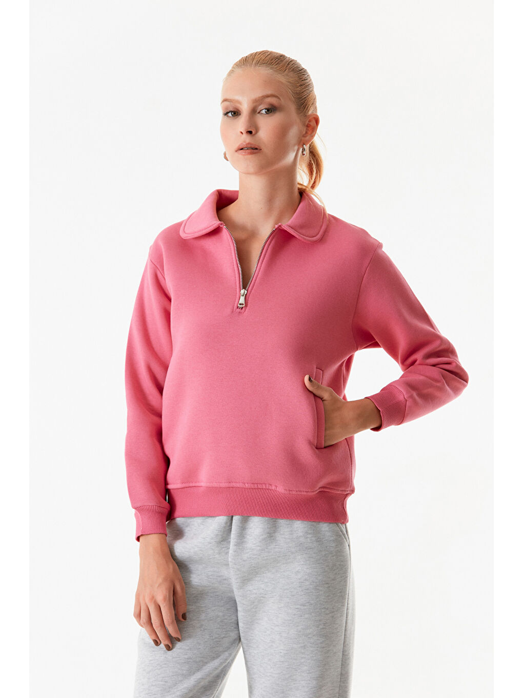 Fullamoda Pembe Basic Polo Yaka Cepli Sweatshirt