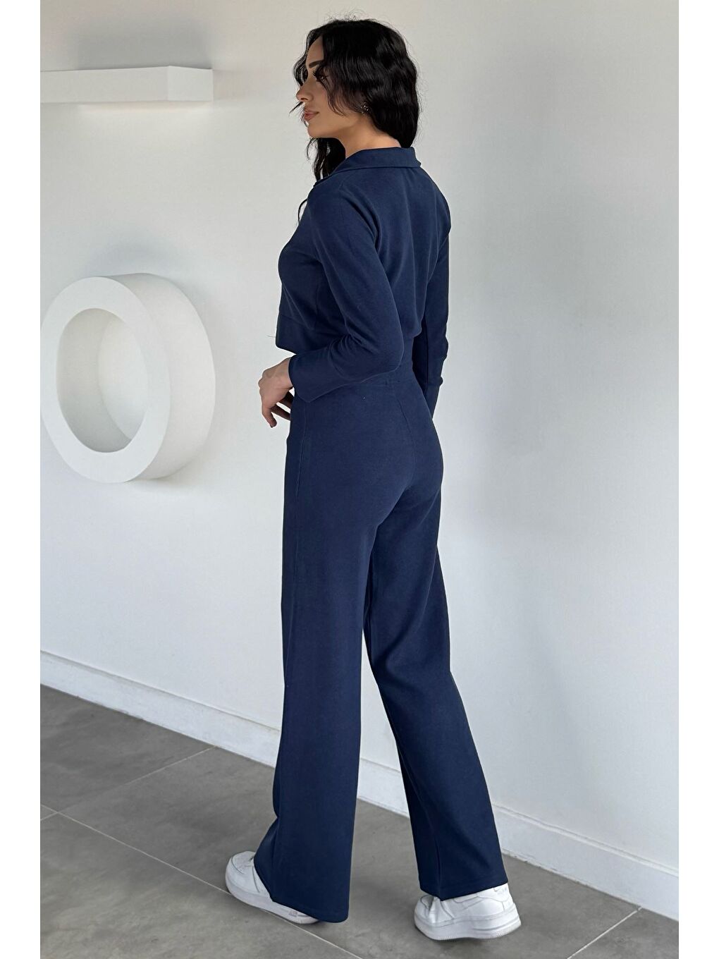 Lacivert Kadın Selanik Kumaş Ön Fermuarlı Sweat Bel Lastikli Pantolon İkili Takım-3