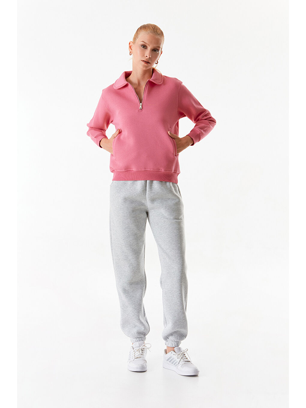 Fullamoda Pembe Basic Polo Yaka Cepli Sweatshirt - 1