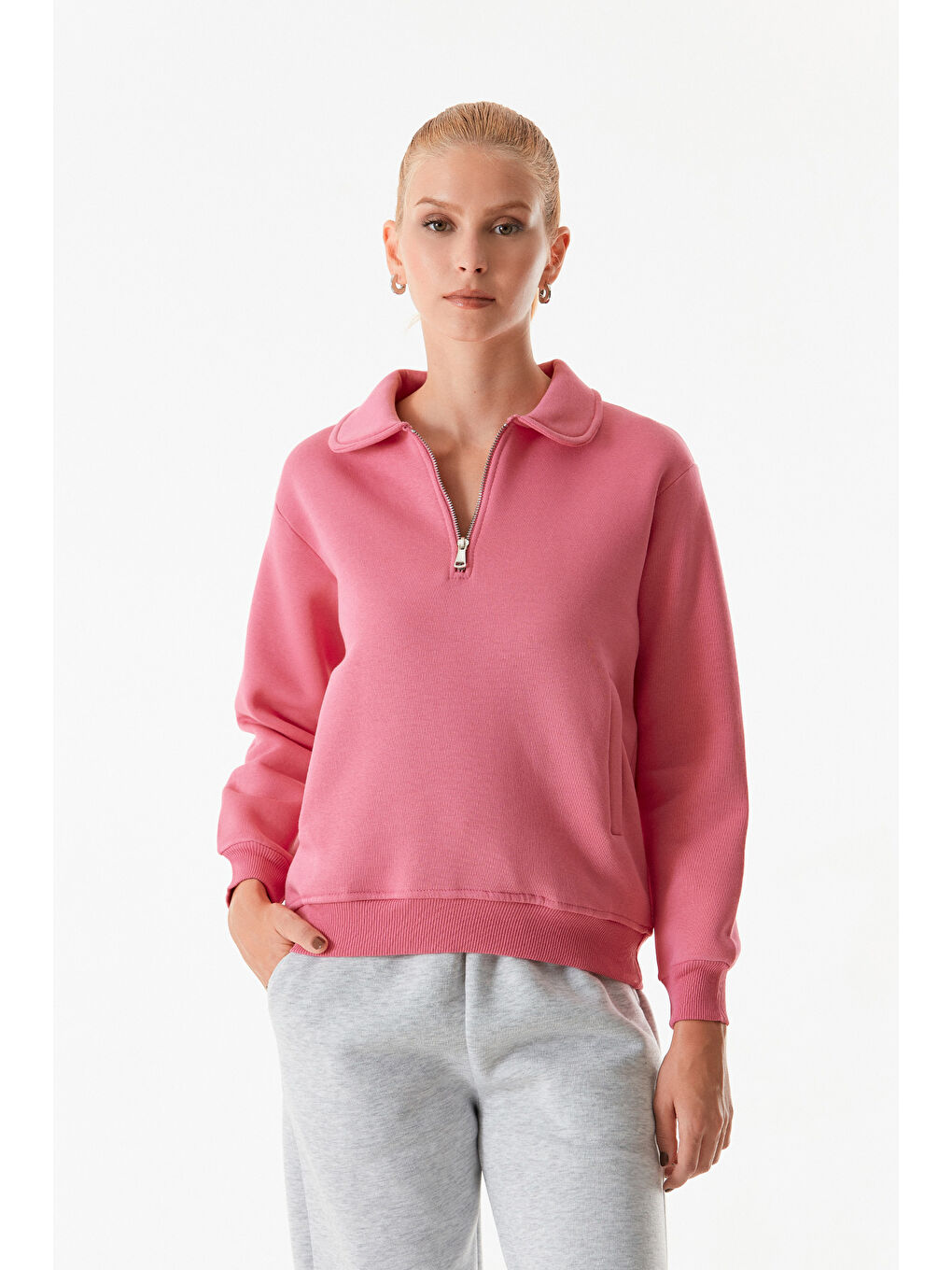 Fullamoda Pembe Basic Polo Yaka Cepli Sweatshirt - 2