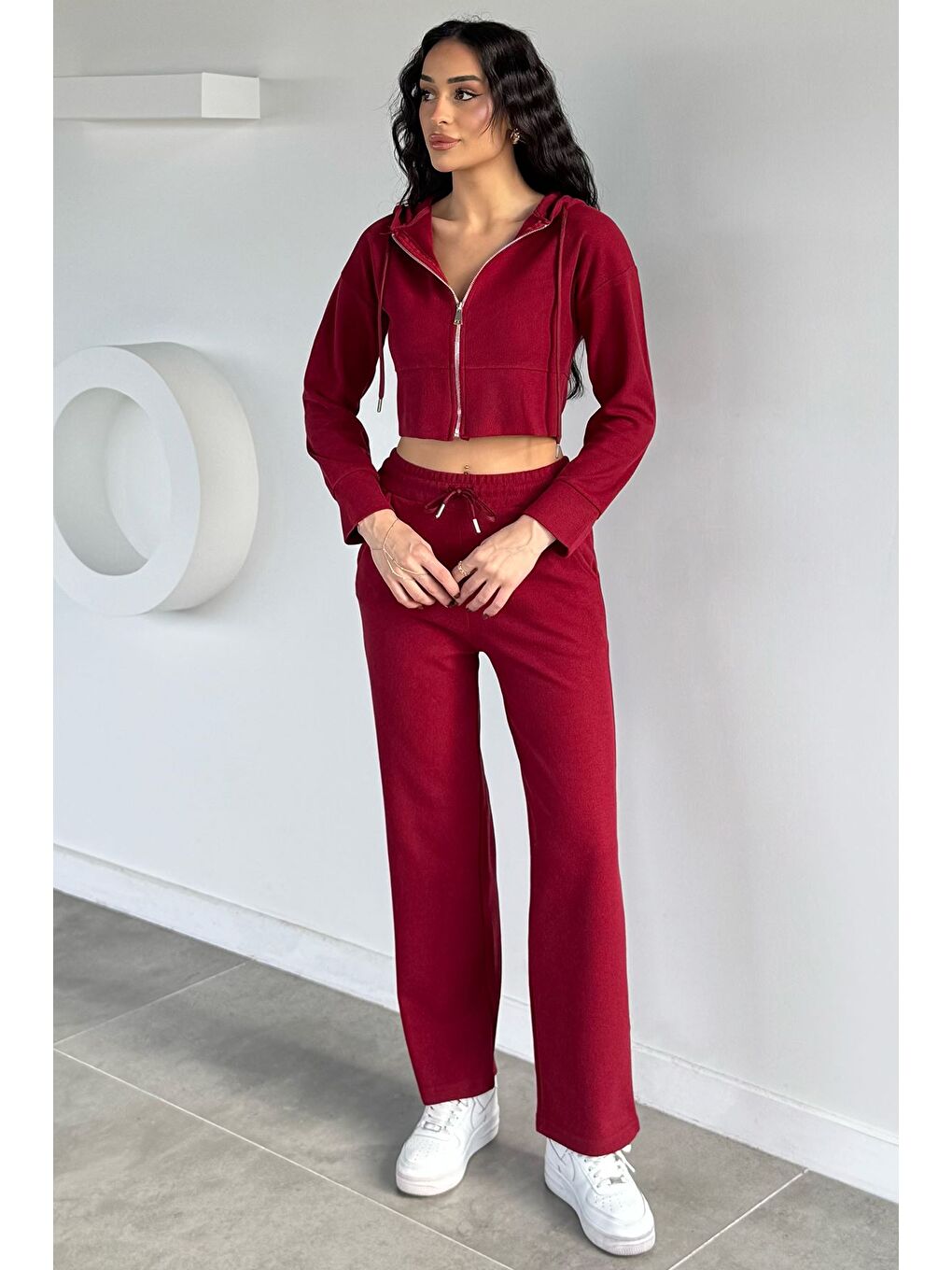 Bordo Kadın Selanik Kumaş Ön Fermuarlı Kapüşonlu Sweat Bel Lastikli Pantolon İkili Takım-1