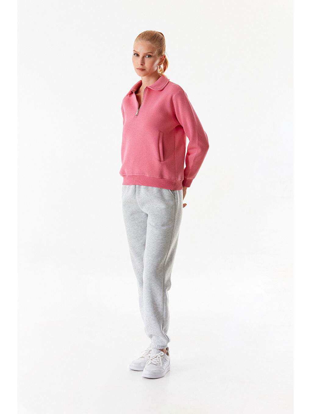 Fullamoda Pembe Basic Polo Yaka Cepli Sweatshirt - 4