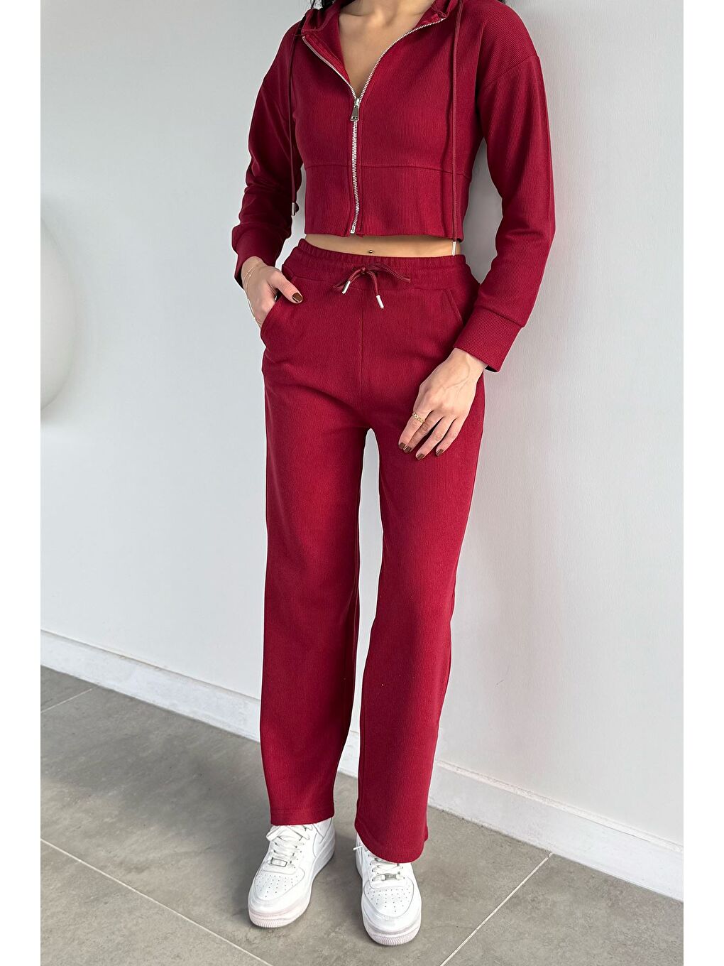 Bordo Kadın Selanik Kumaş Ön Fermuarlı Kapüşonlu Sweat Bel Lastikli Pantolon İkili Takım-2