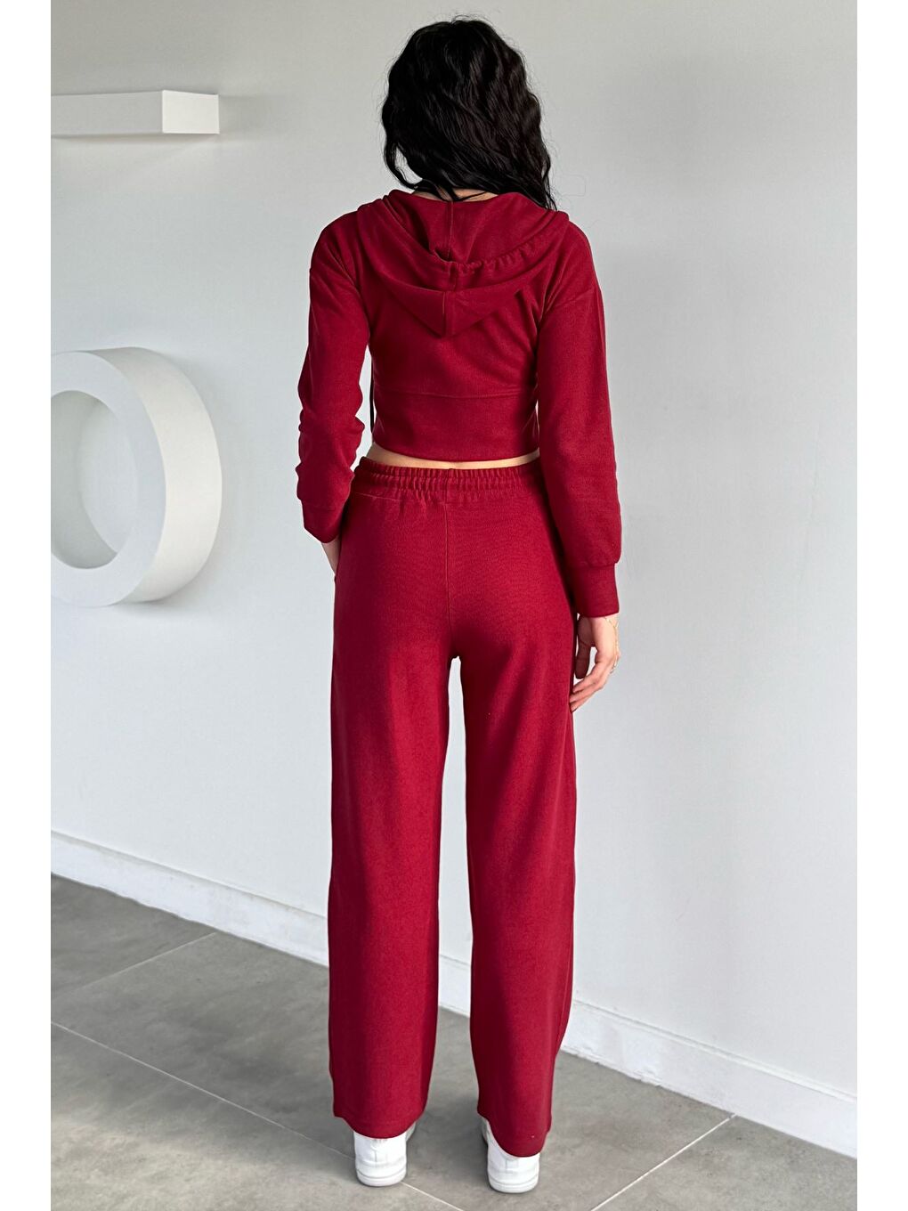 Bordo Kadın Selanik Kumaş Ön Fermuarlı Kapüşonlu Sweat Bel Lastikli Pantolon İkili Takım-3