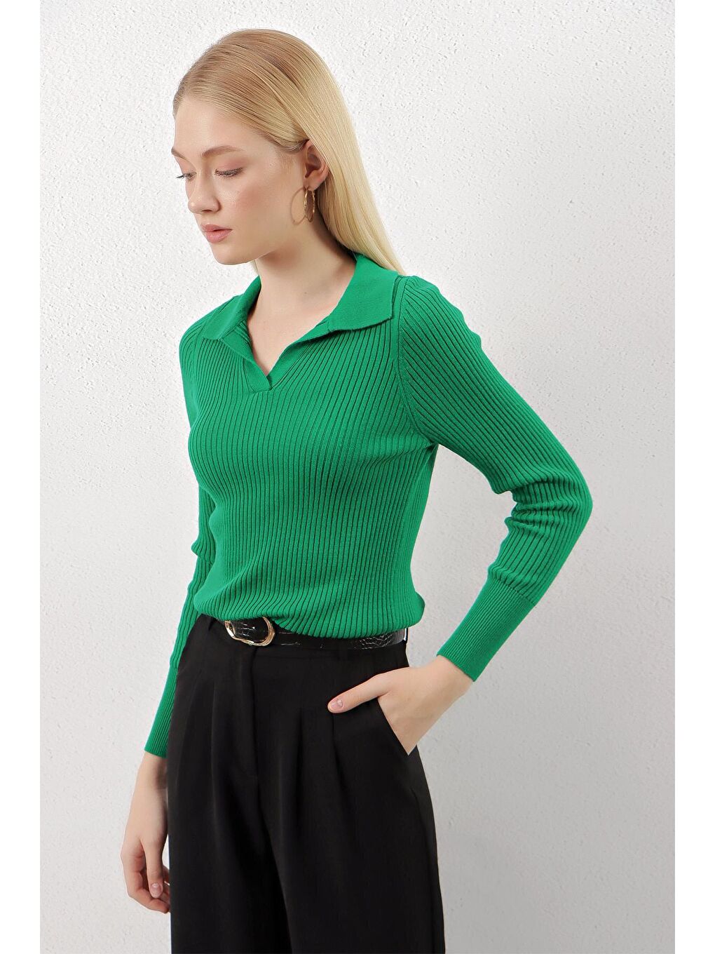 Zümrüt Yeşili Polo Yaka Fitilli Basic Body Triko Kazak-2