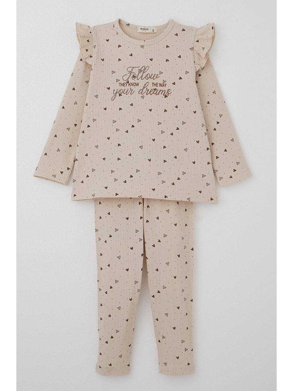 Kız Çocuk Taytlı Takım Kalp Desenli Simli Yazı Baskılı Bej (2-4 Yaş)