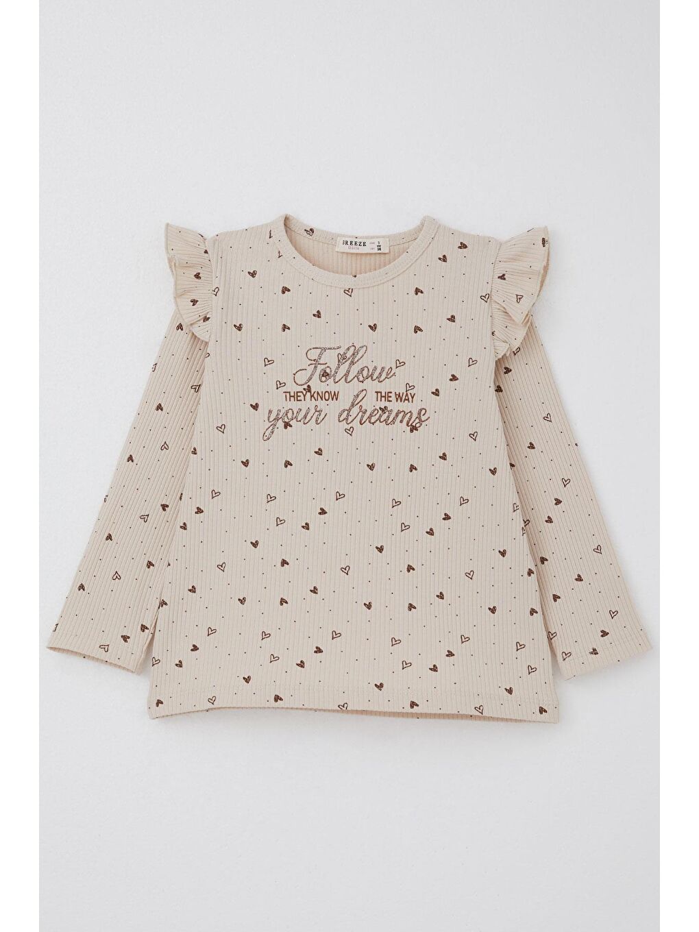 Kız Çocuk Taytlı Takım Kalp Desenli Simli Yazı Baskılı Bej (2-4 Yaş)-1