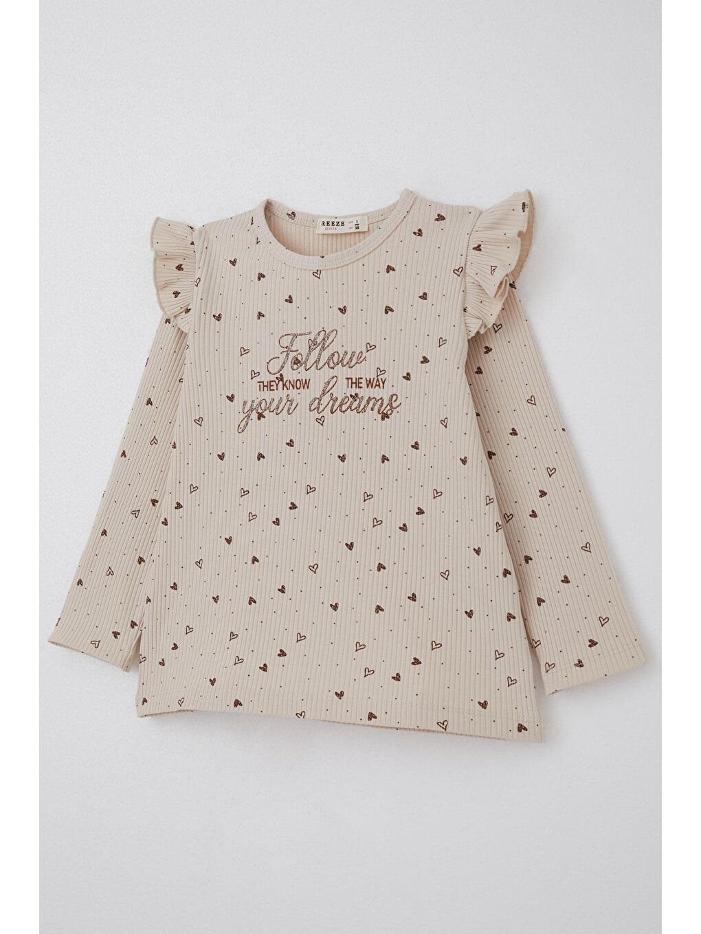 Kız Çocuk Taytlı Takım Kalp Desenli Simli Yazı Baskılı Bej (2-4 Yaş)-5