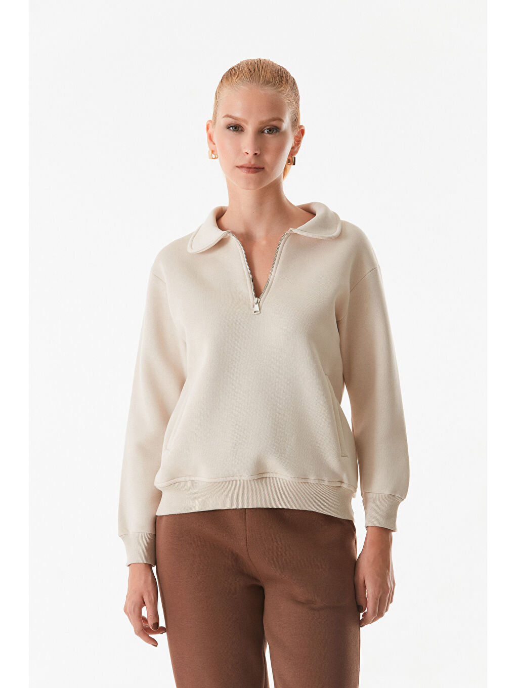 Fullamoda Bej Basic Polo Yaka Cepli Sweatshirt