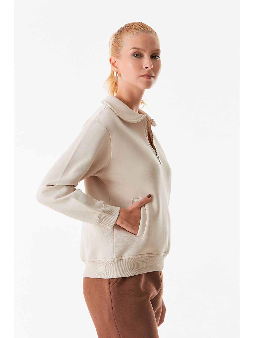 Fullamoda Bej Basic Polo Yaka Cepli Sweatshirt - 1