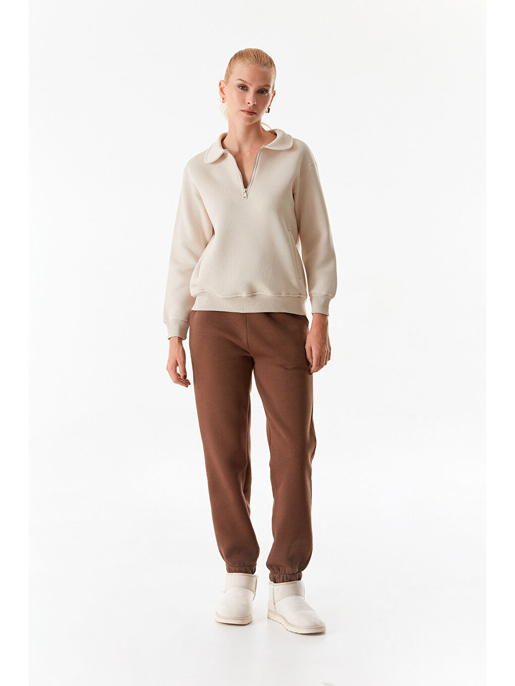 Fullamoda Bej Basic Polo Yaka Cepli Sweatshirt - 2