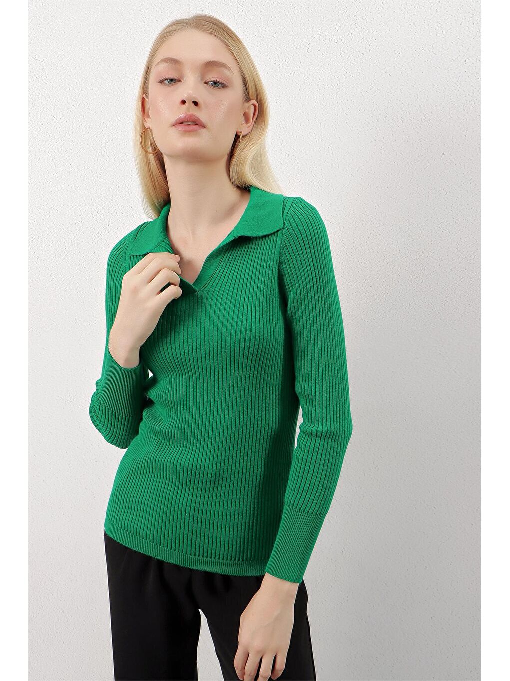 Zümrüt Yeşili Polo Yaka Fitilli Basic Body Triko Kazak-3