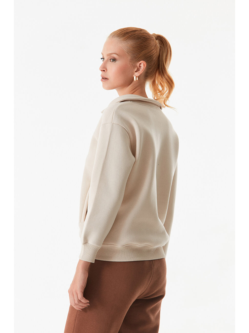 Fullamoda Bej Basic Polo Yaka Cepli Sweatshirt - 3