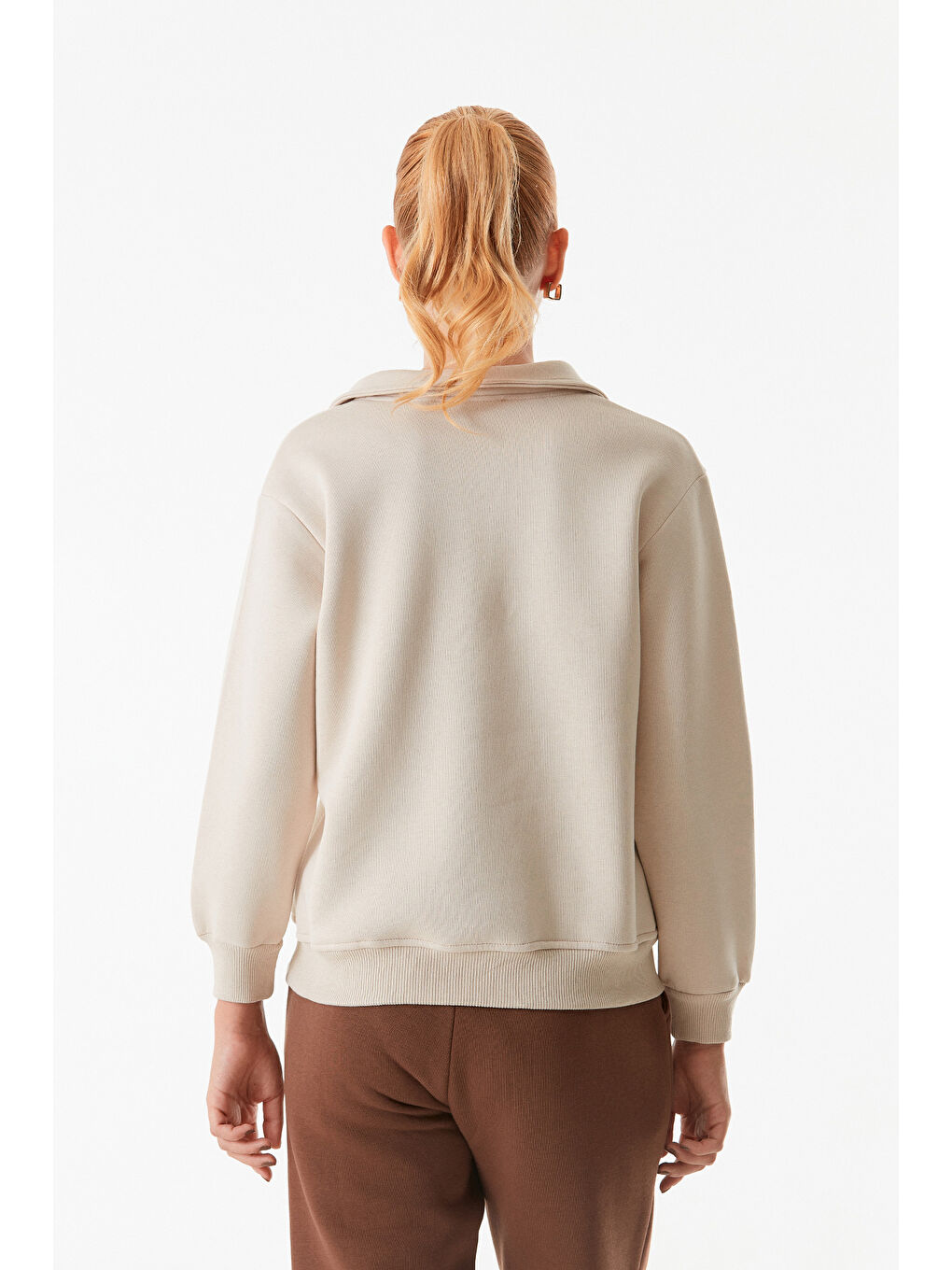 Fullamoda Bej Basic Polo Yaka Cepli Sweatshirt - 4