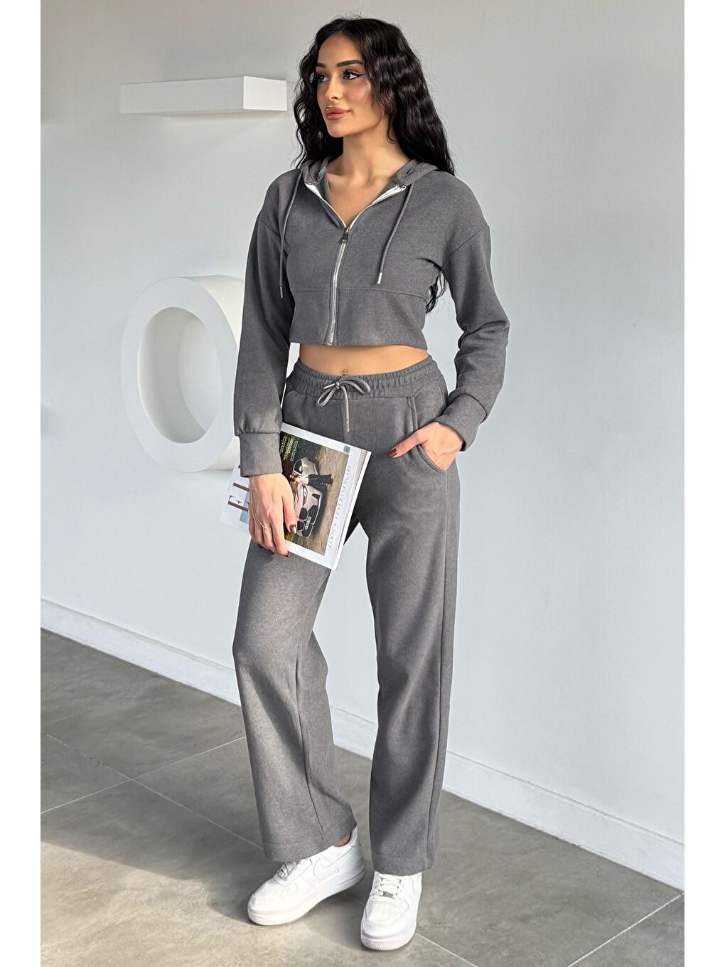 Gri Kadın Selanik Kumaş Ön Fermuarlı Kapüşonlu Sweat Bel Lastikli Pantolon İkili Takım-1