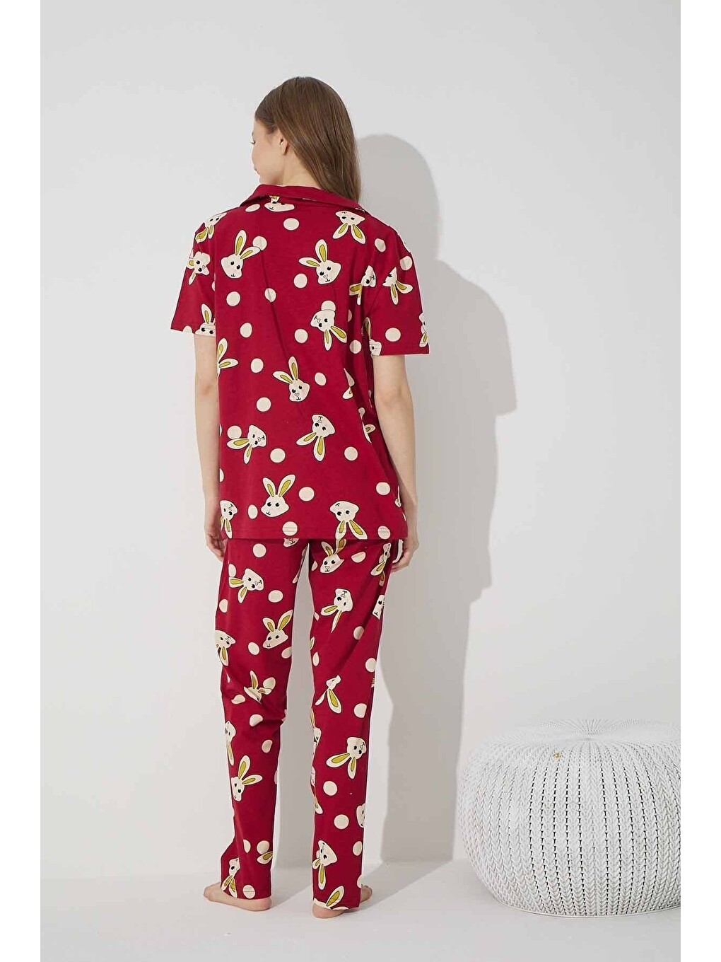 Bordo Pamuklu Elastanlı Düğmeli Pijama Takım-1