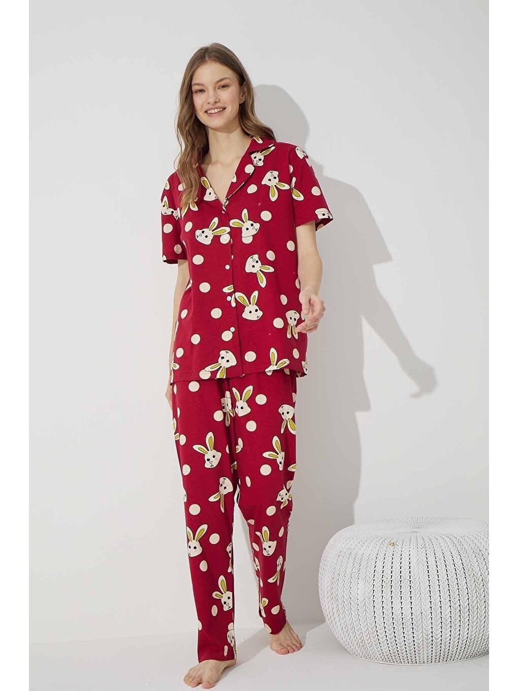 Bordo Pamuklu Elastanlı Düğmeli Pijama Takım-2