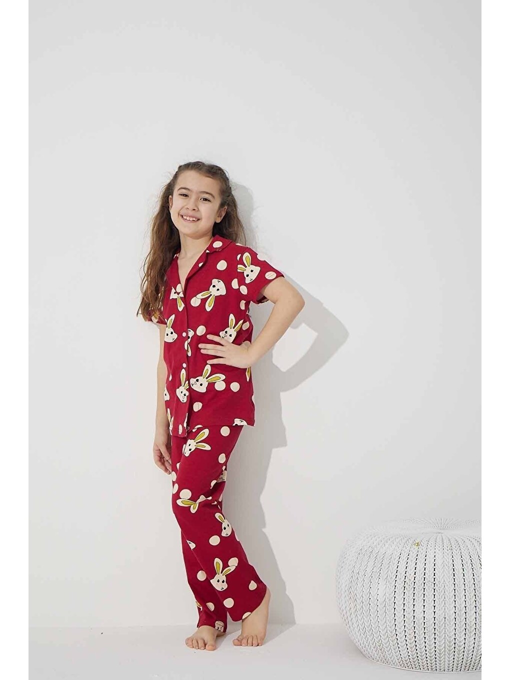 Bordo Pamuklu Elastanlı Düğmeli Pijama Takım-4