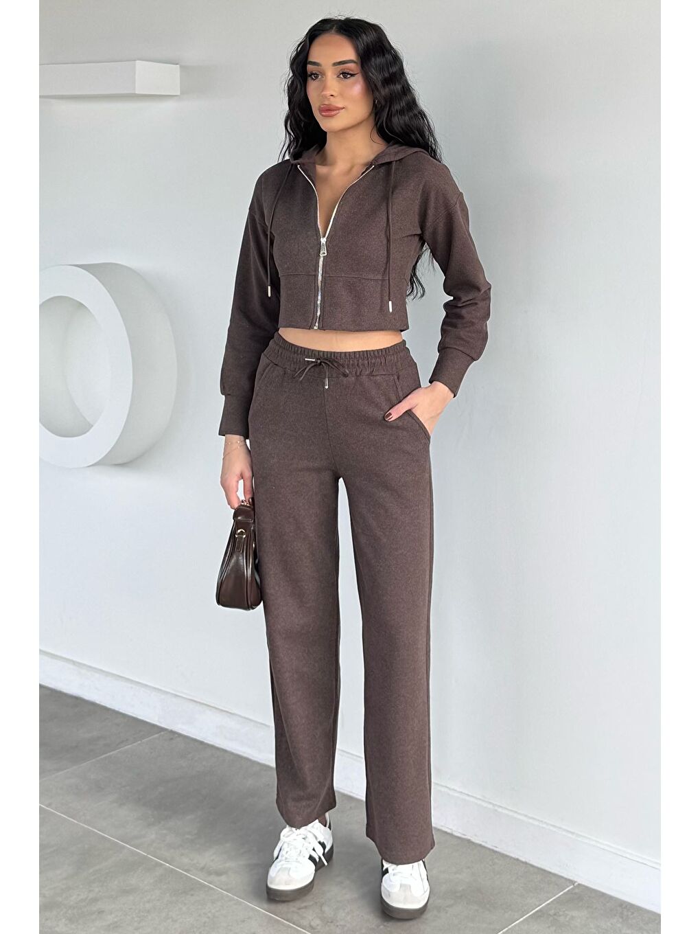 Kahverengi Kadın Selanik Kumaş Ön Fermuarlı Kapüşonlu Sweat Bel Lastikli Pantolon İkili Takım-1