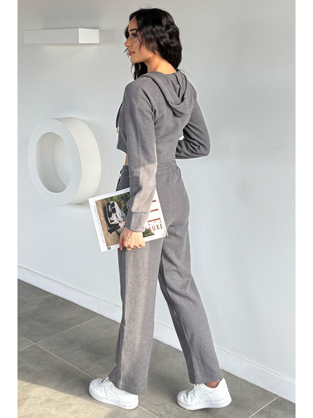 Gri Kadın Selanik Kumaş Ön Fermuarlı Kapüşonlu Sweat Bel Lastikli Pantolon İkili Takım-3