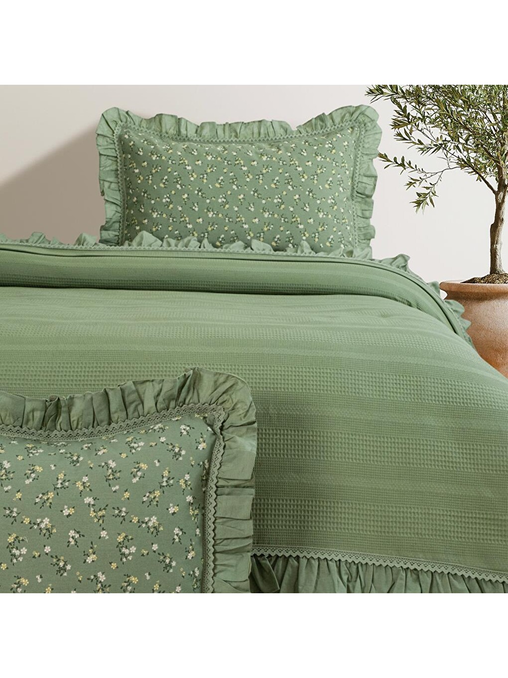 Yeşil Home Chance Çift Kişilik Pike Takımı 4 Parça-Haki-2