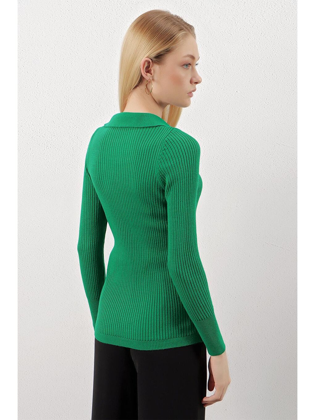 Zümrüt Yeşili Polo Yaka Fitilli Basic Body Triko Kazak-4