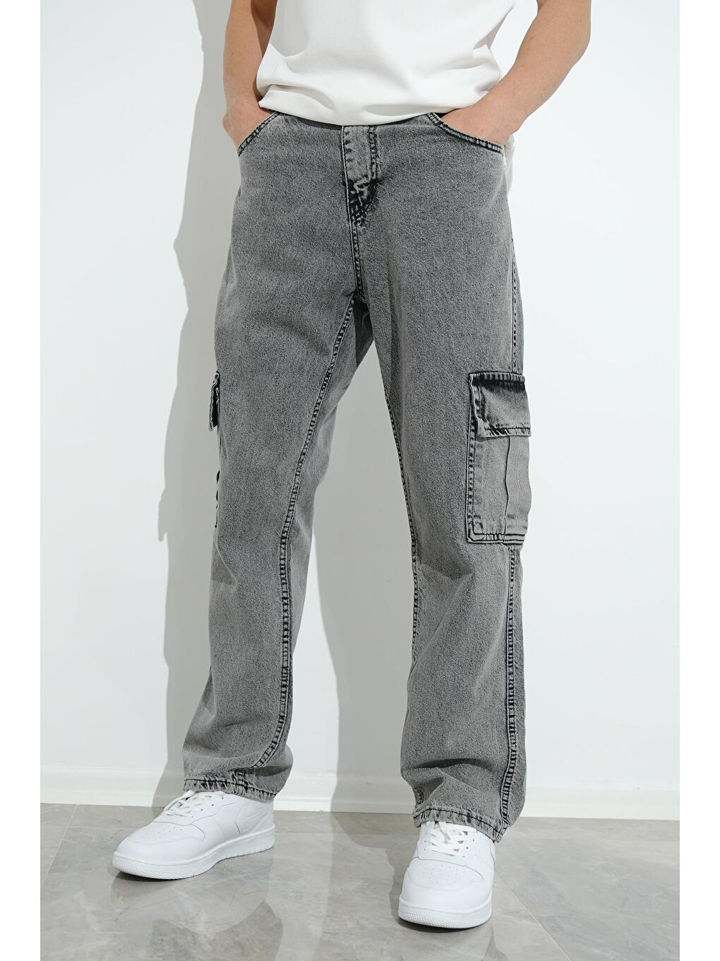 Gri Fierello Kargo Cepli Bol Kesim Baggy Fit Jean Pantolon