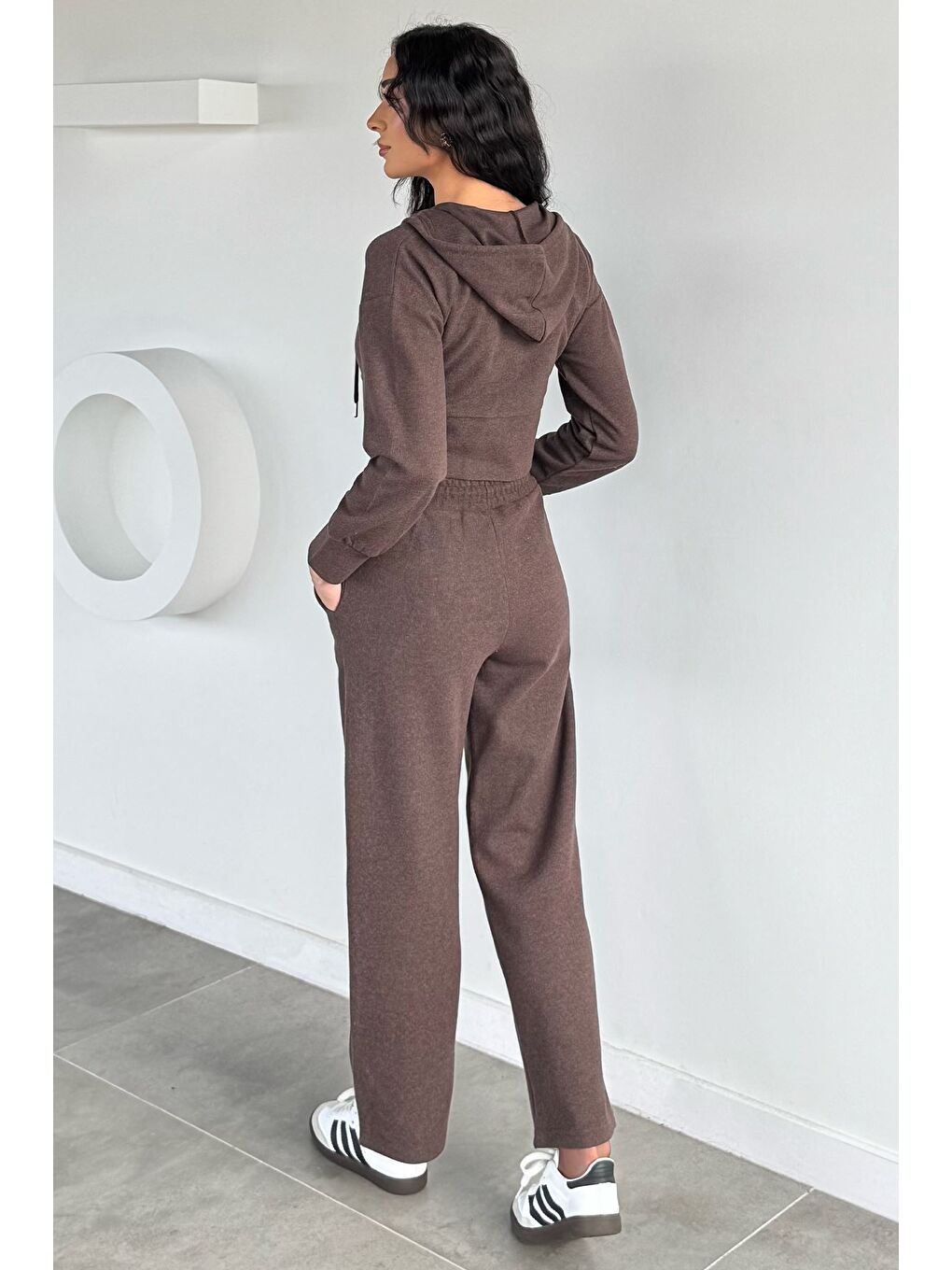 Kahverengi Kadın Selanik Kumaş Ön Fermuarlı Kapüşonlu Sweat Bel Lastikli Pantolon İkili Takım-3