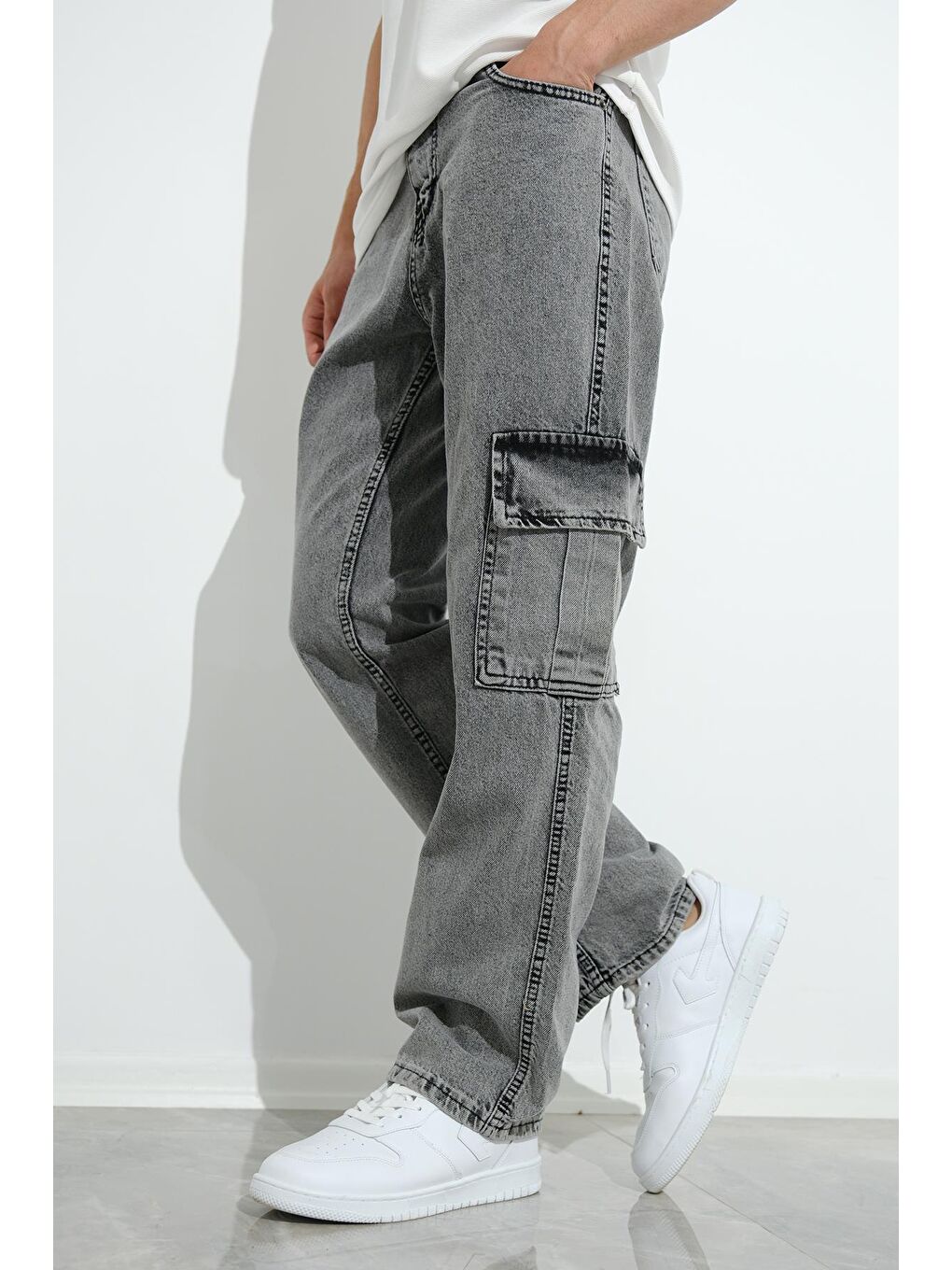 Gri Fierello Kargo Cepli Bol Kesim Baggy Fit Jean Pantolon-1
