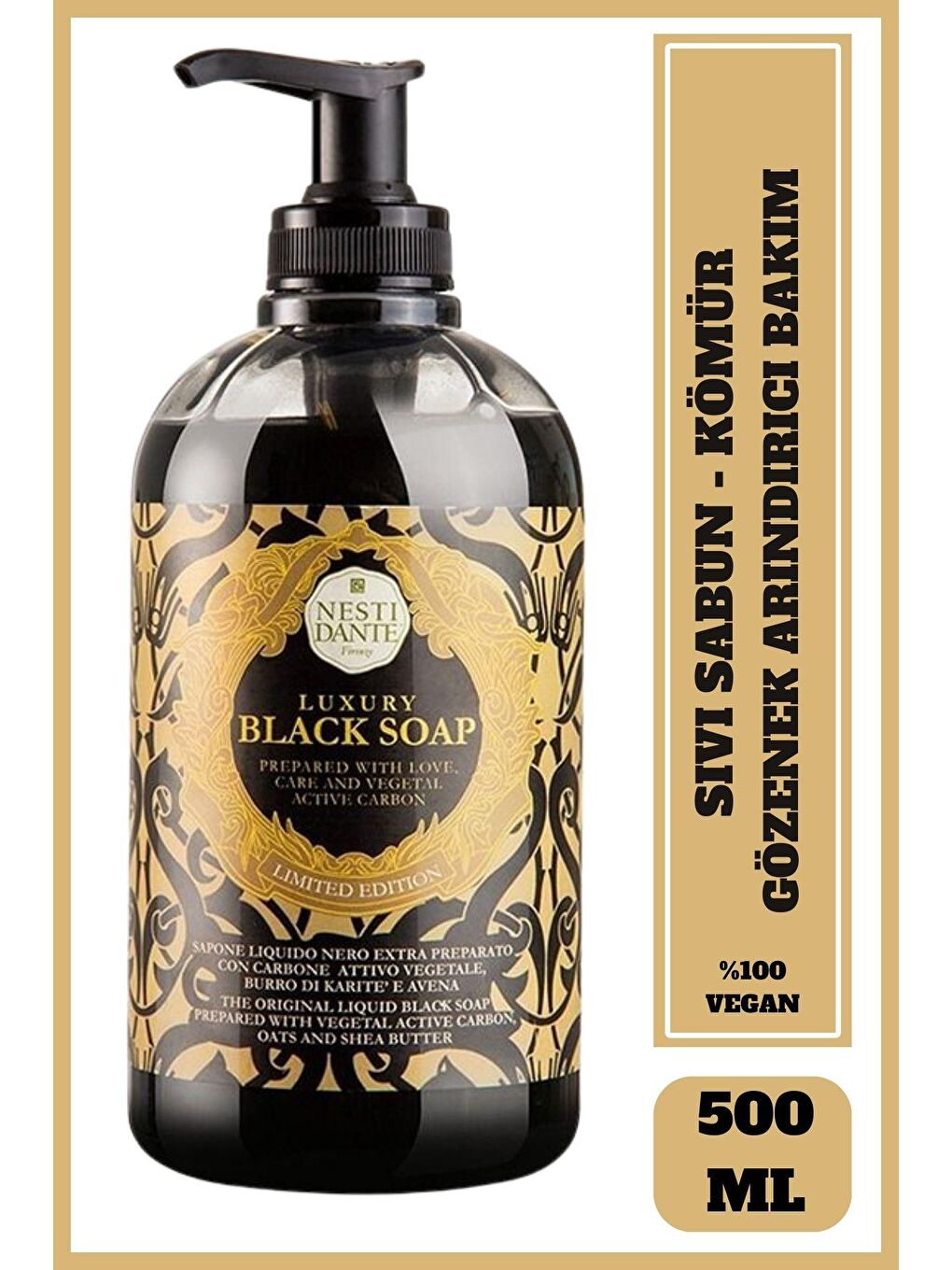 Nesti Dante Renksiz Luxury Black Aktif Karbon Vegan Gözenek Arındırıcı Nemlendirici Sıvı Sabun 500 Ml