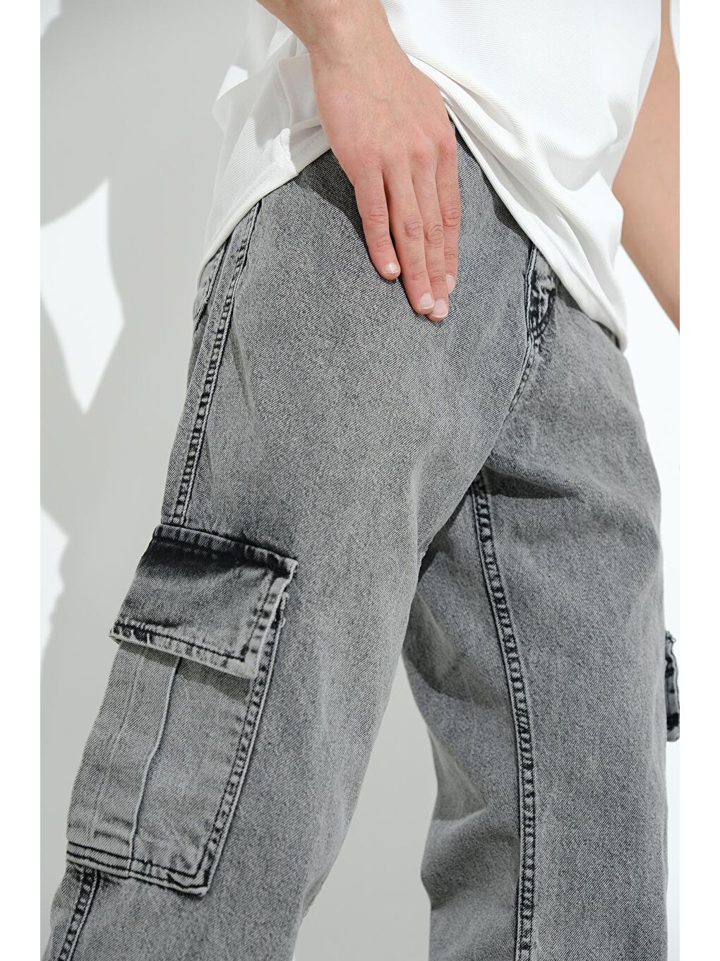 Gri Fierello Kargo Cepli Bol Kesim Baggy Fit Jean Pantolon-2