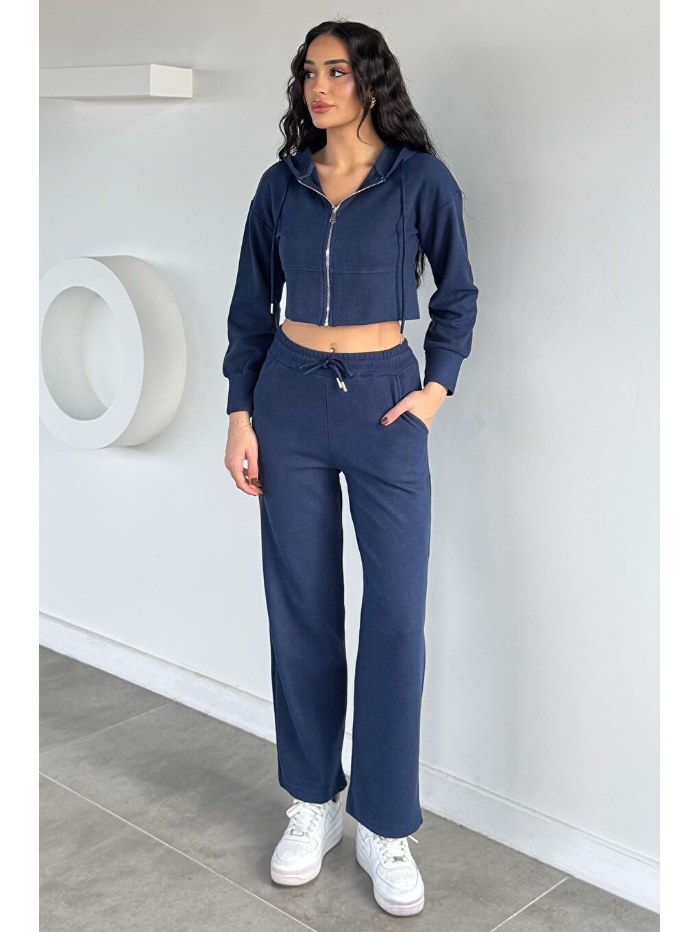 Lacivert Kadın Selanik Kumaş Ön Fermuarlı Kapüşonlu Sweat Bel Lastikli Pantolon İkili Takım-1