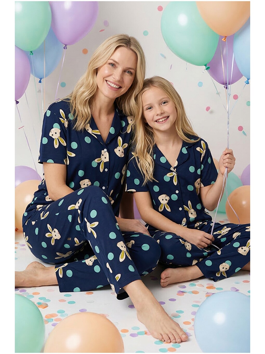 Lacivert Pamuklu Elastanlı Düğmeli Pijama Takım