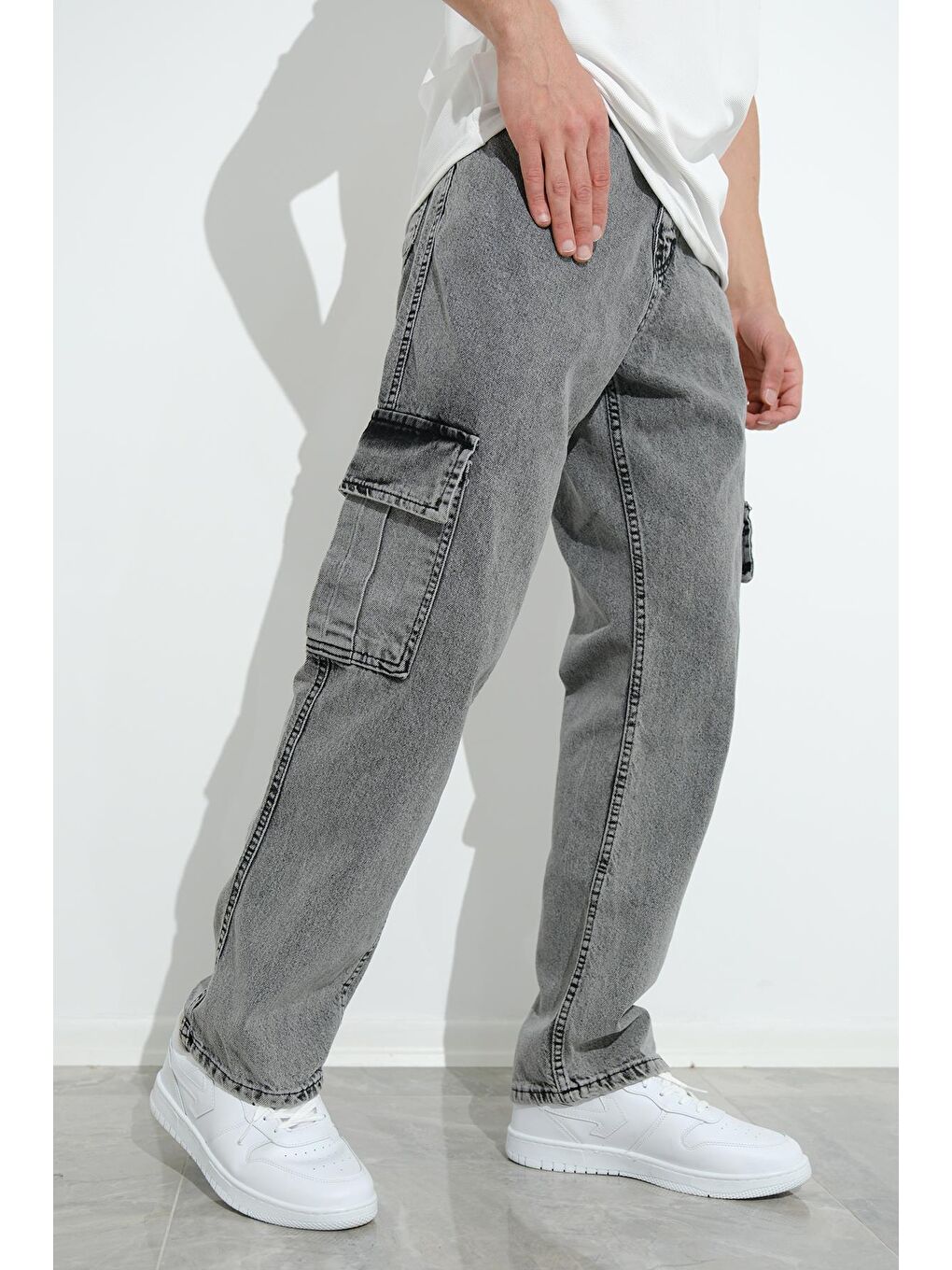 Gri Fierello Kargo Cepli Bol Kesim Baggy Fit Jean Pantolon-3