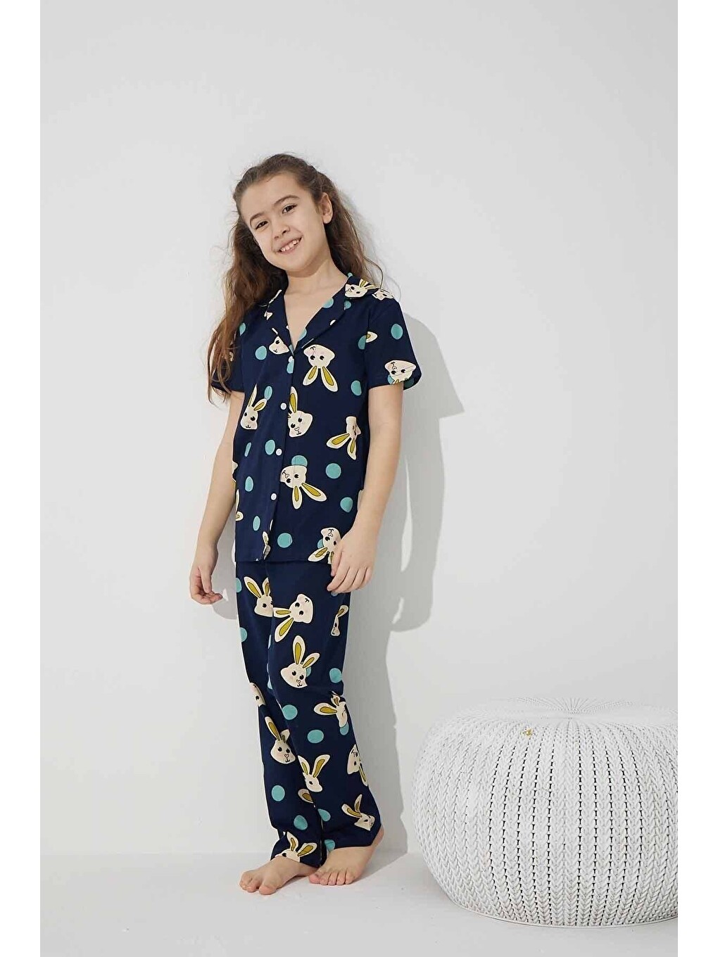 Lacivert Pamuklu Elastanlı Düğmeli Pijama Takım-1