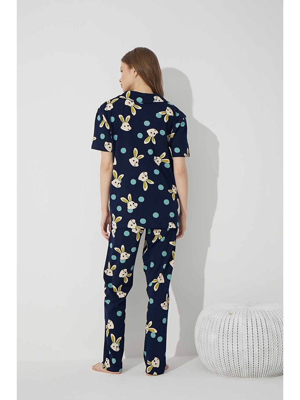 Lacivert Pamuklu Elastanlı Düğmeli Pijama Takım-2