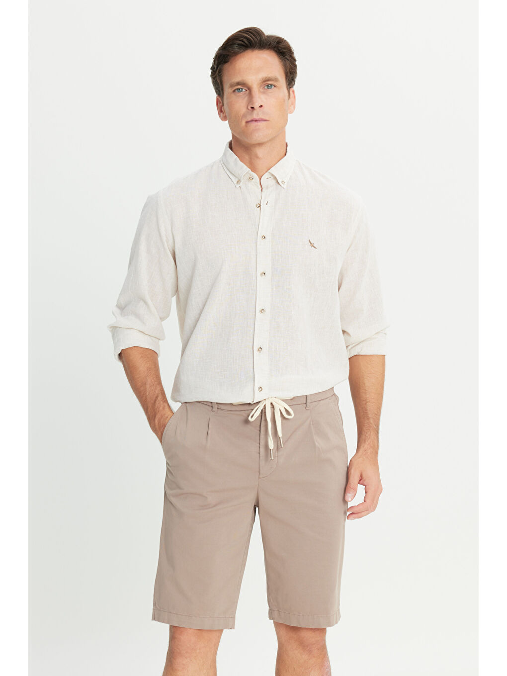 Erkek Bej Comfort Fit Rahat Kesim Düğmeli Yaka Pamuklu Baskılı Gömlek-1