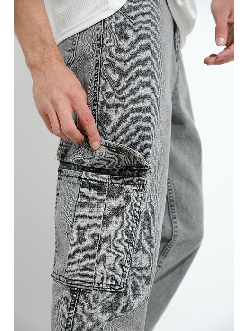 Gri Fierello Kargo Cepli Bol Kesim Baggy Fit Jean Pantolon-4