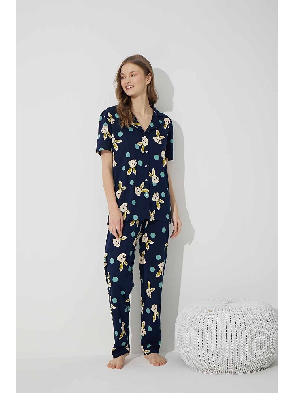 Lacivert Pamuklu Elastanlı Düğmeli Pijama Takım-4
