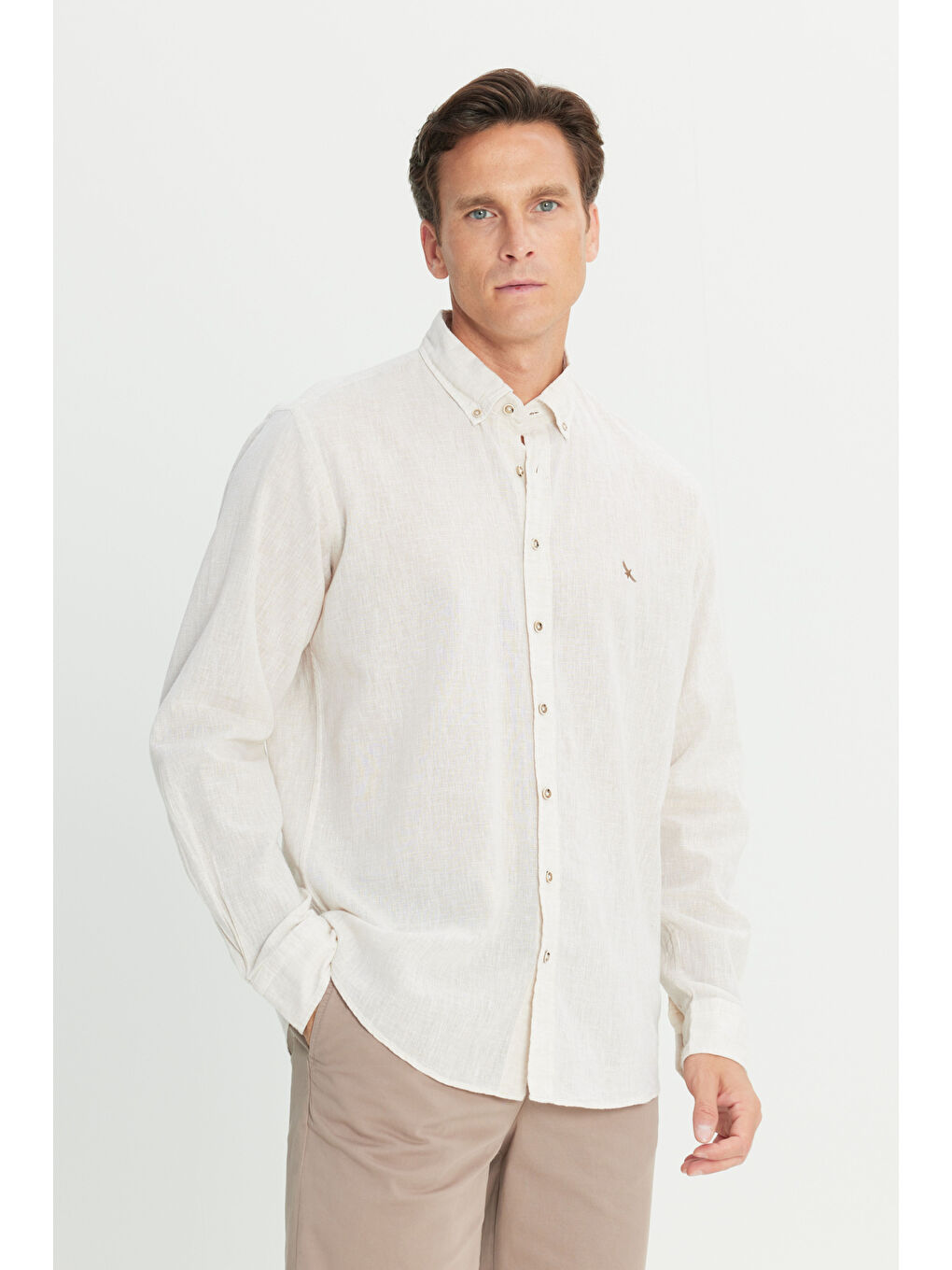 Erkek Bej Comfort Fit Rahat Kesim Düğmeli Yaka Pamuklu Baskılı Gömlek-2