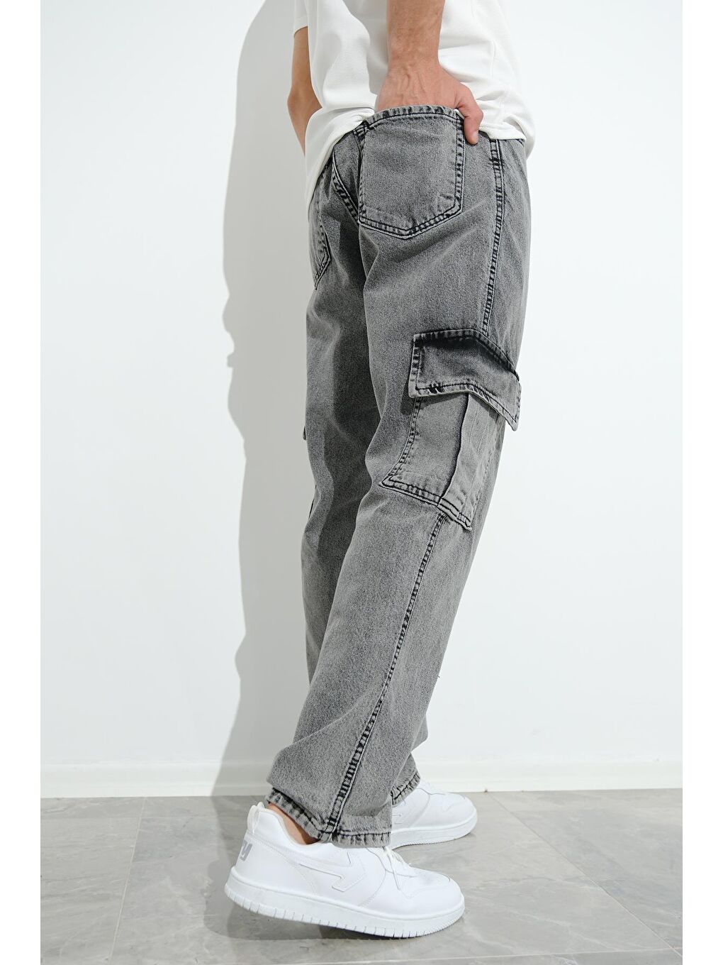 Gri Fierello Kargo Cepli Bol Kesim Baggy Fit Jean Pantolon-5