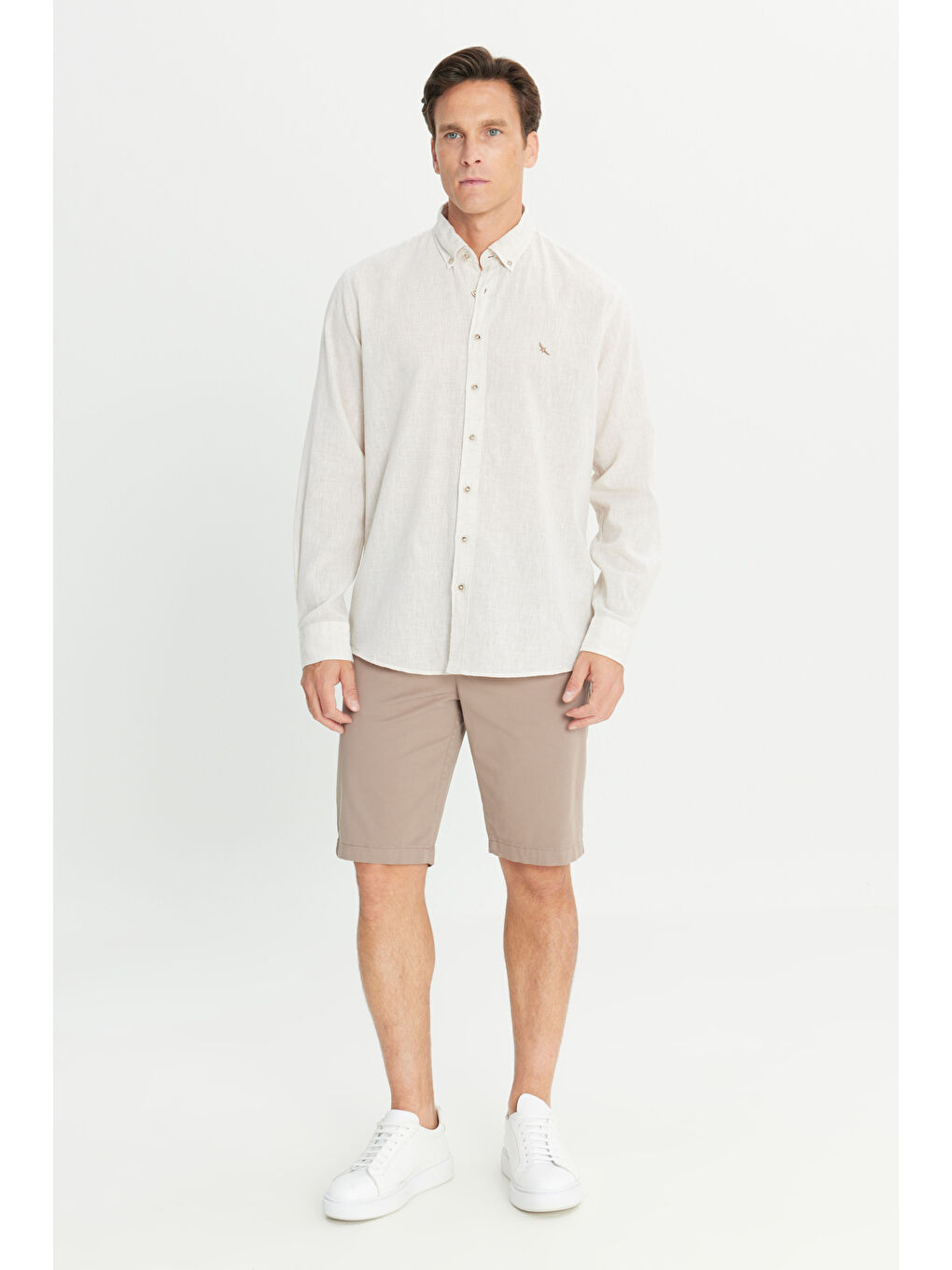 Erkek Bej Comfort Fit Rahat Kesim Düğmeli Yaka Pamuklu Baskılı Gömlek-3