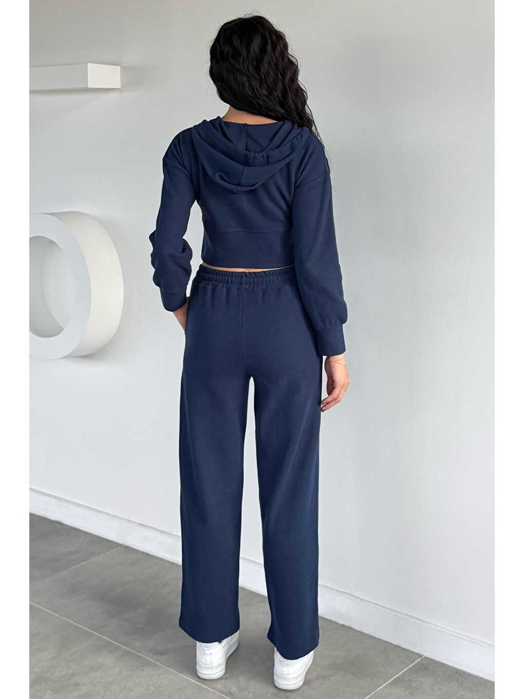 Lacivert Kadın Selanik Kumaş Ön Fermuarlı Kapüşonlu Sweat Bel Lastikli Pantolon İkili Takım-3