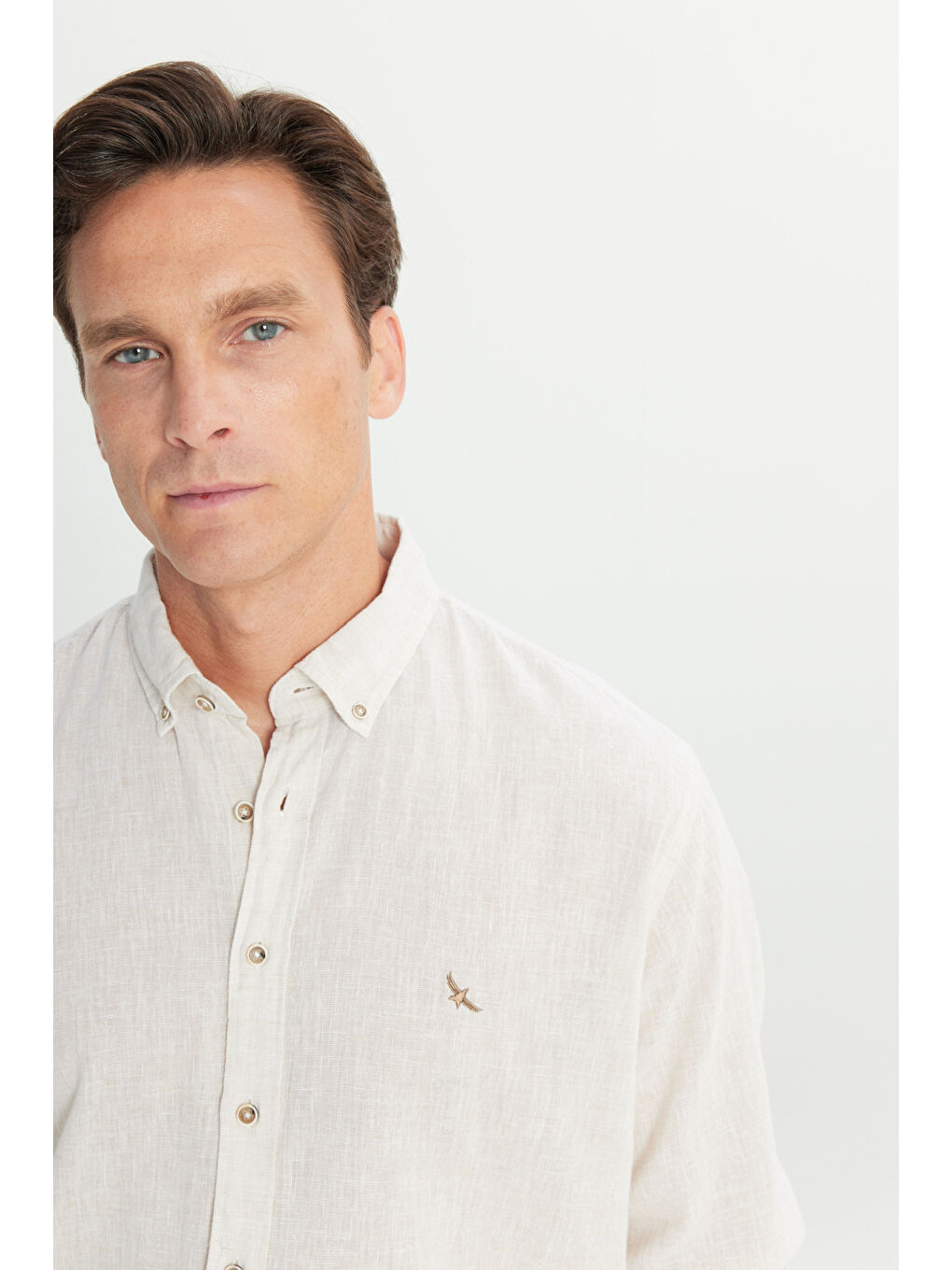 Erkek Bej Comfort Fit Rahat Kesim Düğmeli Yaka Pamuklu Baskılı Gömlek-4