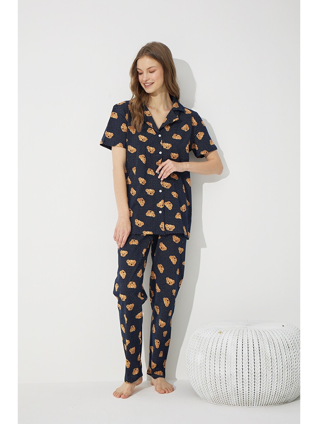 Karışık Pamuklu Elastanlı Düğmeli Pijama Takım-2
