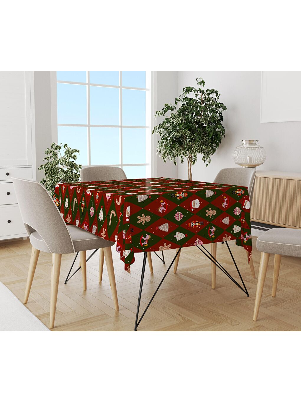 Karışık Yılbaşı Desenli Kadife Doku Masa Örtüsü