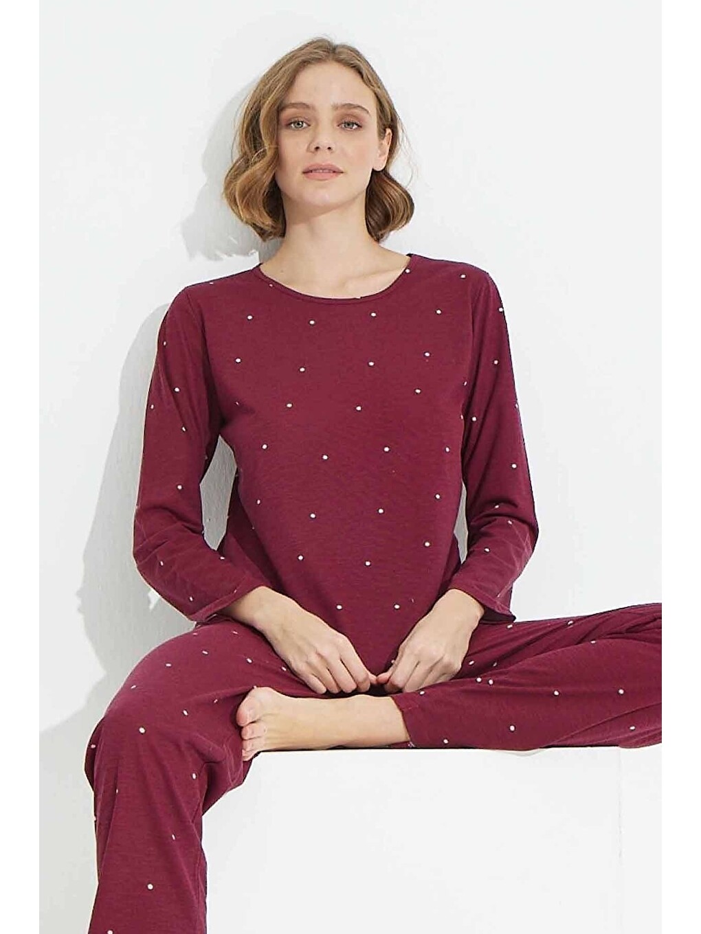 Bordo Pamuklu Örme Pijama Takım