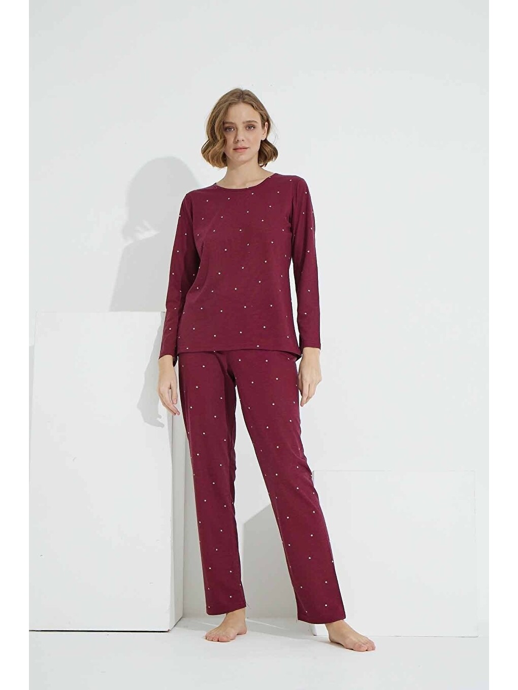 Bordo Pamuklu Örme Pijama Takım-1
